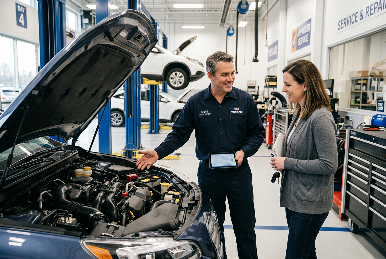Toyota service advisor explaining maintenance options to vehicle owner