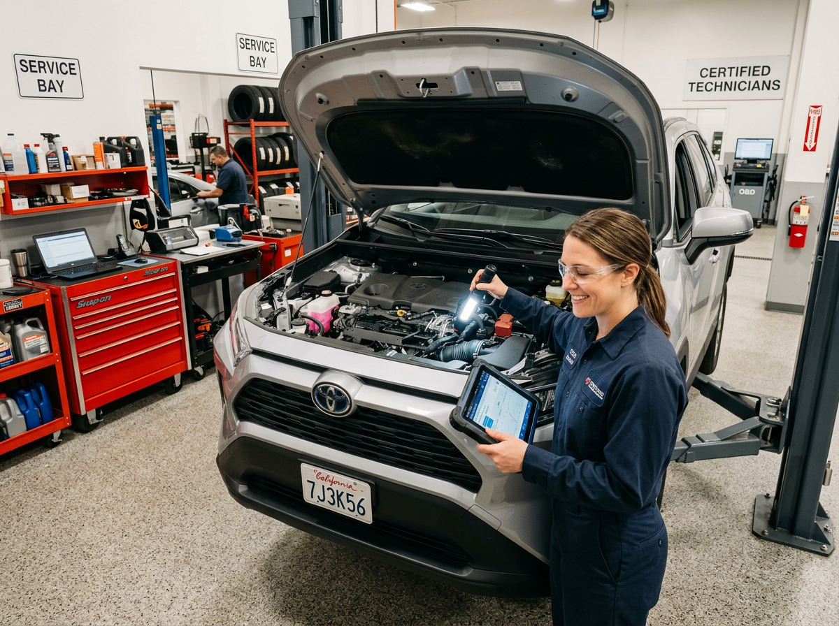 Toyota technician inspecting a vehicle in a modern garage
